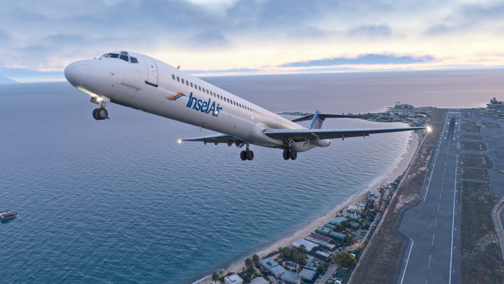 Fly the Maddog MD-82 in InselAir livery taking off from St. Maarten at sunset with the beach in view.