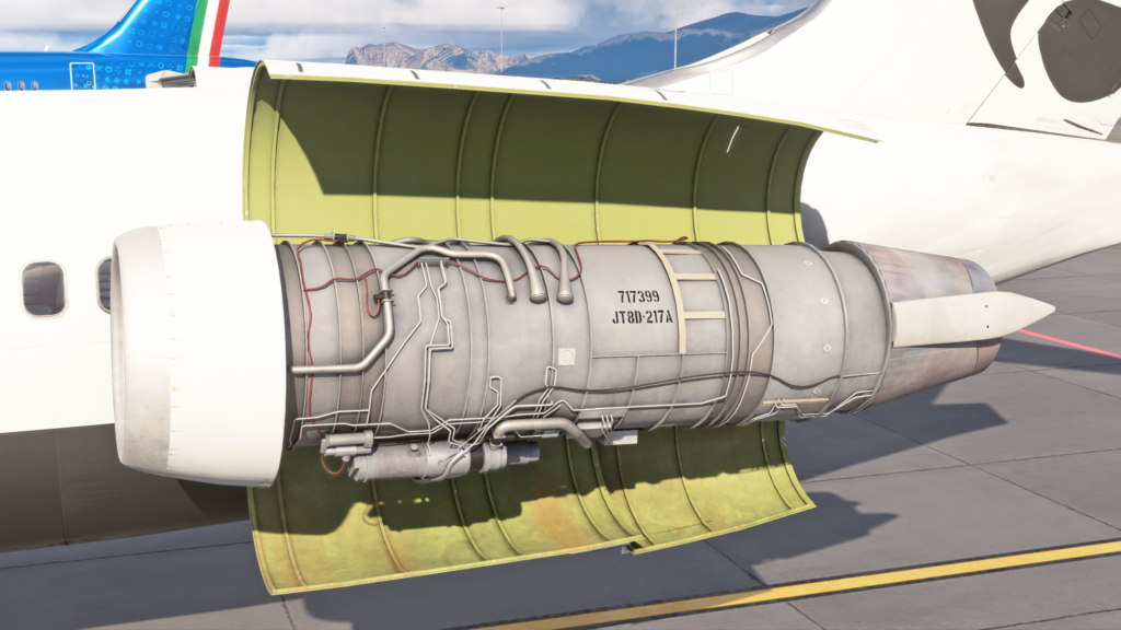 Close-up of the aircraft&rsquo;s left engine and open nacelle showing the updated 3D model details