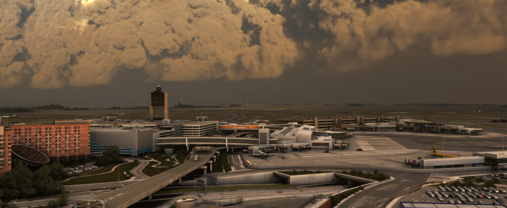 FlyTampa Boston Logan International Airport scenery in Microsoft Flight Simulator 2020 and 2024, showing the terminal complex, control tower and apron beneath dramatic storm clouds.