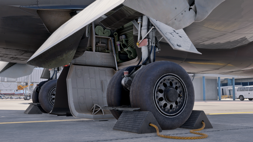 Close-up of the aircraft&rsquo;s reworked landing gear and wheel well in the MSFS 2024-native Maddog model