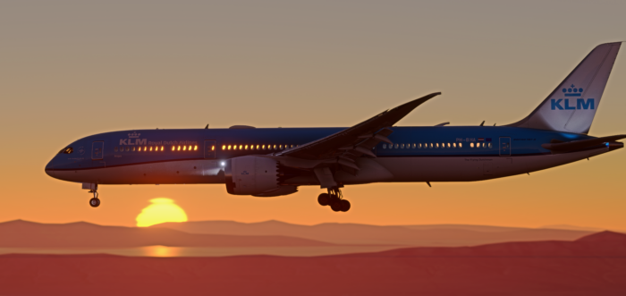 Horizon Sim 787 landing in sunset