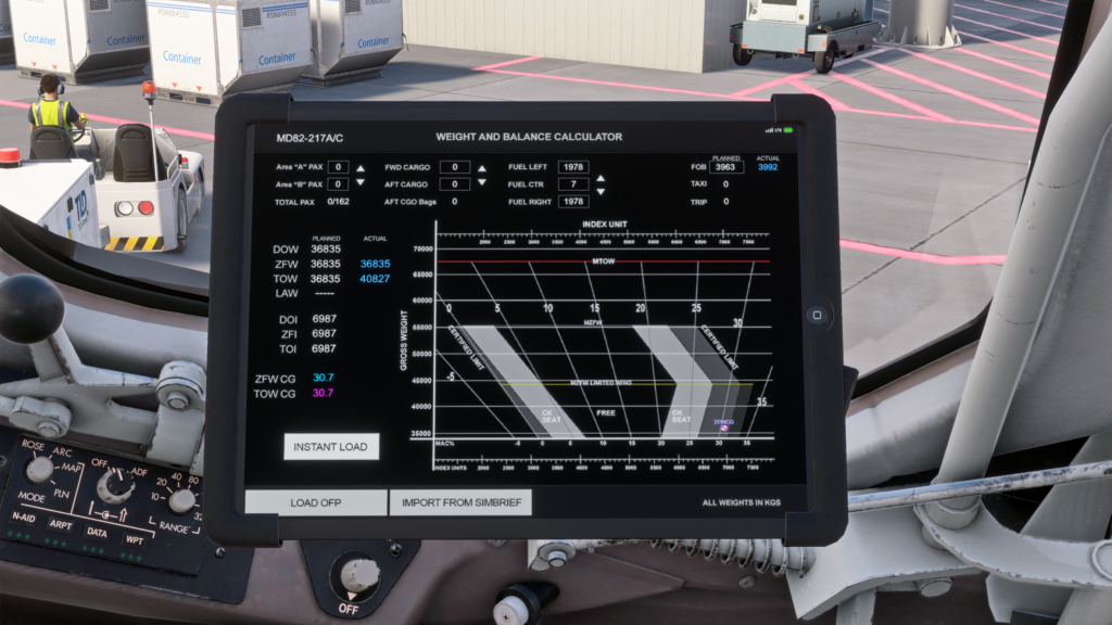 Weight and balance app on the EFB in the Fly the Maddog cockpit, showing load and fuel data for the aircraft