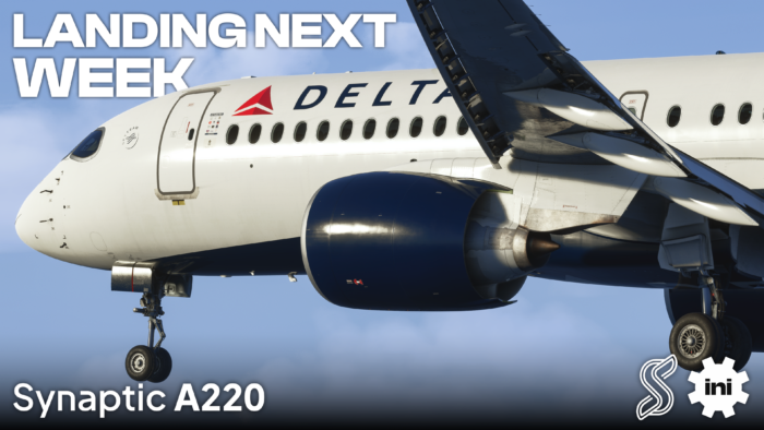 Synaptic A220-300 in Delta Air Lines colours announcing its launch next week for Microsoft Flight Simulator.