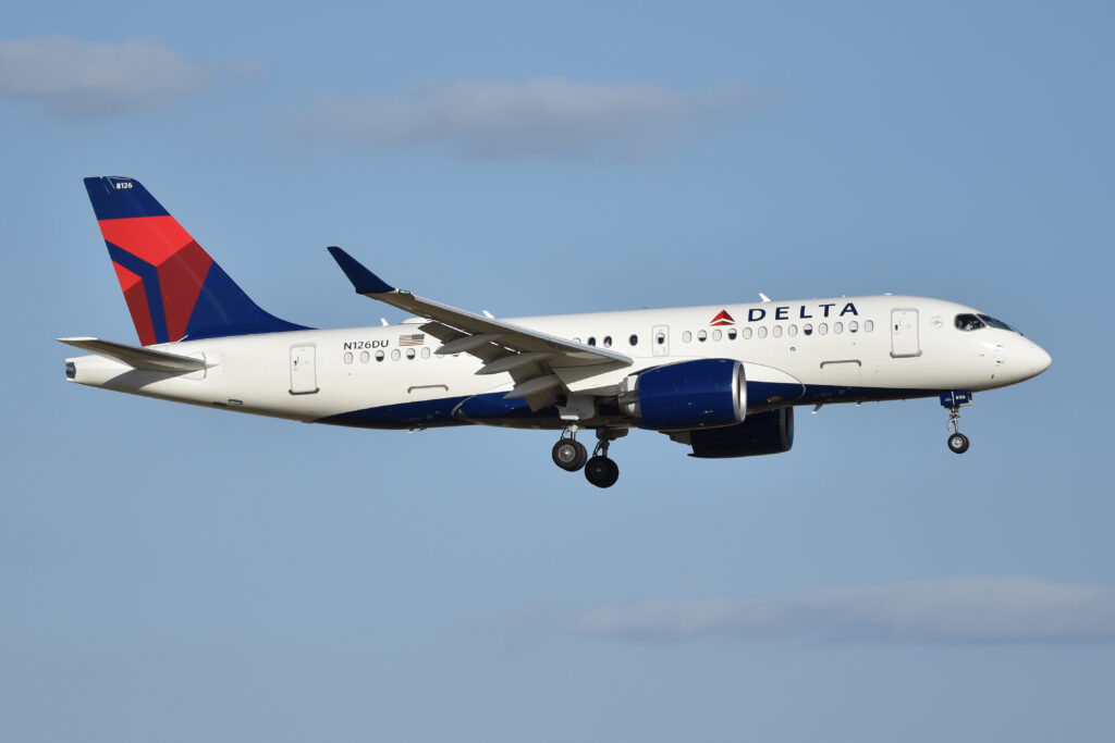Delta Air Lines Airbus A220-100 approaching for landing in the United States