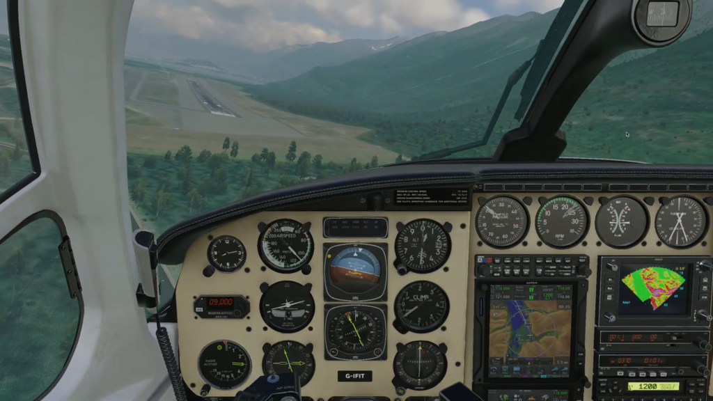 Cockpit view on final approach to a runway in the CIS Piper Chieftain.