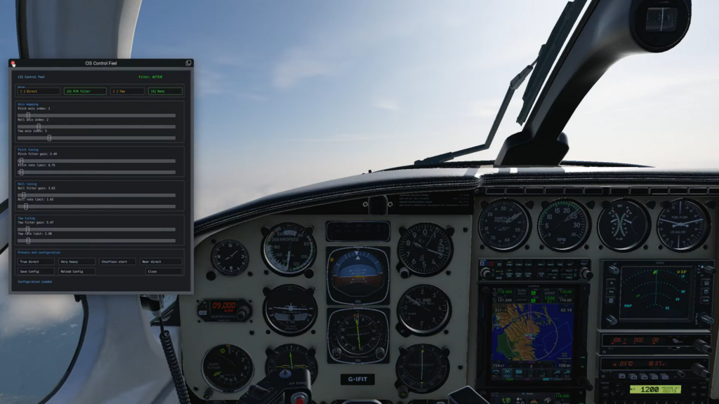 CIS Control Feel settings window in the Piper Chieftain cockpit