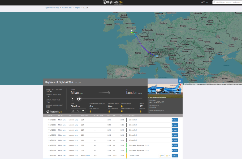 Flightradar24 map of ITA Airways flight AZ226 from Milan Linate to London City