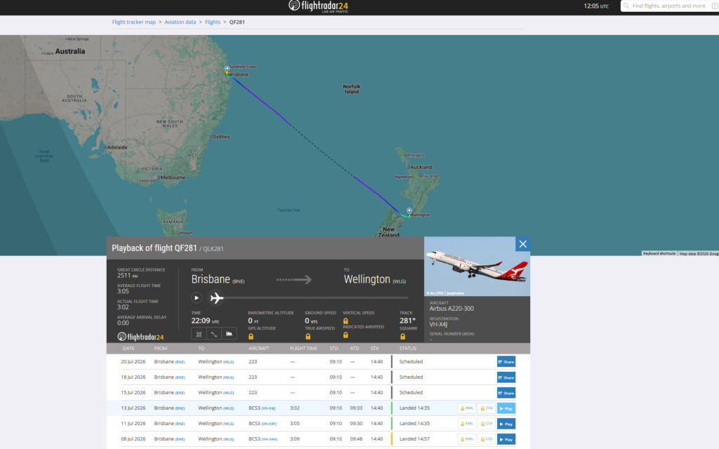 Flightradar24 map of QantasLink flight QF281 from Brisbane to Wellington