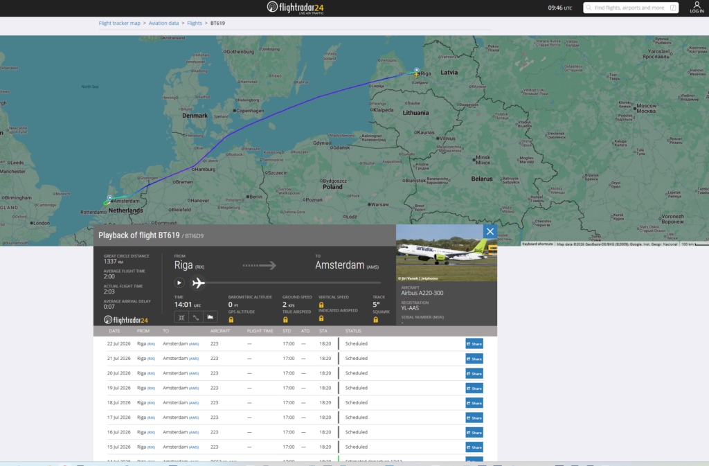 Flightradar24 map of airBaltic flight BT619 from Riga to Amsterdam Schiphol