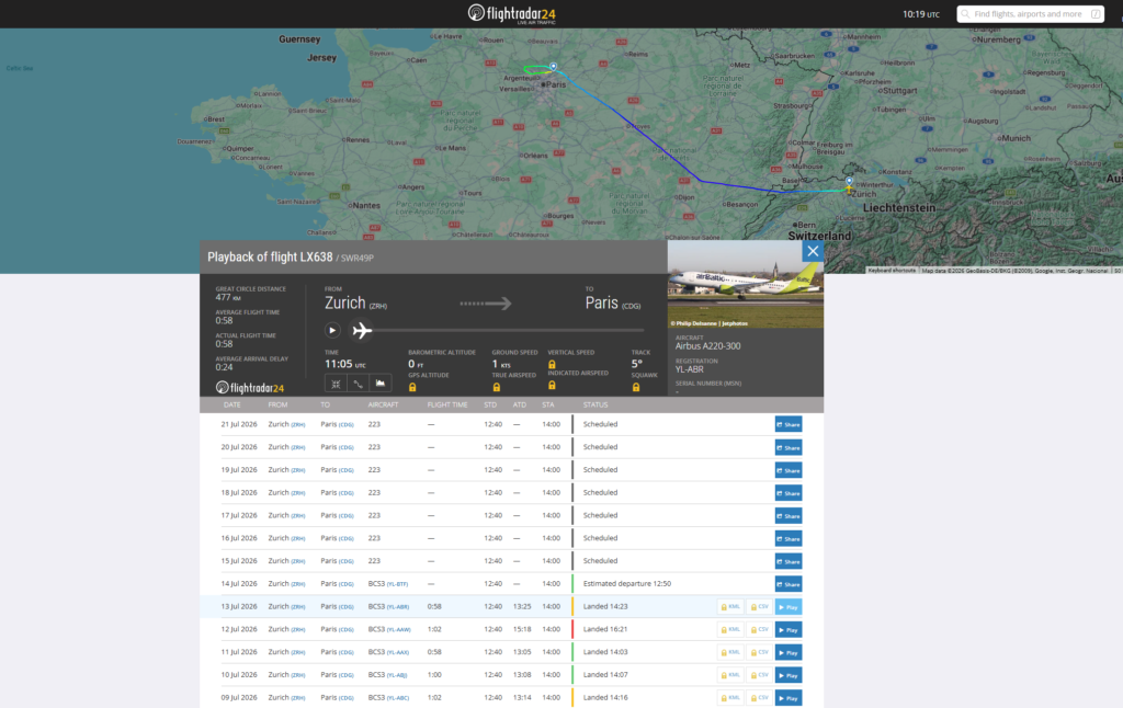 Flightradar24 map of SWISS flight LX638 from Zurich to Paris Charles de Gaulle