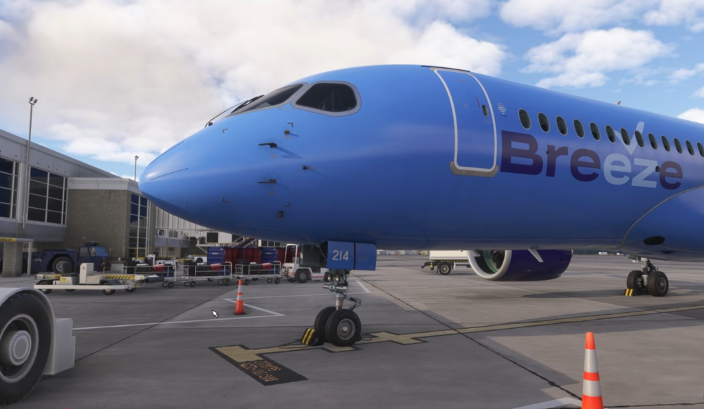 Synaptic A220-300 in Breeze Airways colours parked at the gate in Microsoft Flight Simulator.