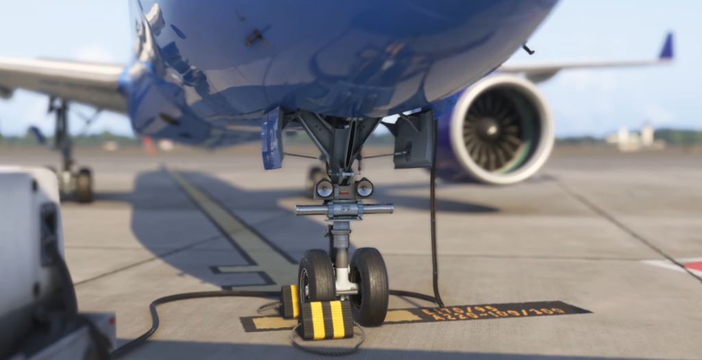 Detailed nose landing gear model of the Synaptic A220-300 in Microsoft Flight Simulator.
