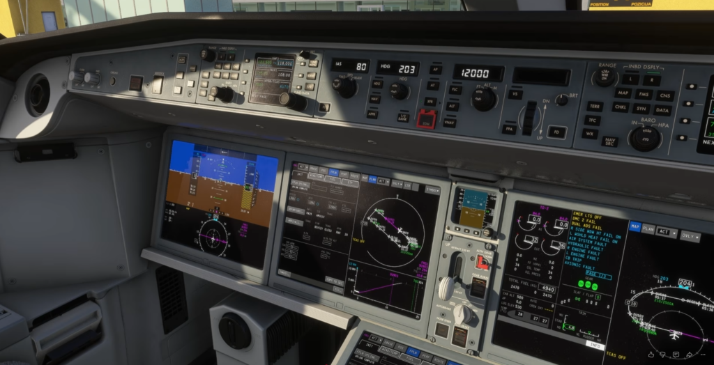 Synaptic A220-300 flight deck displaying the FMS, navigation map and aircraft systems.