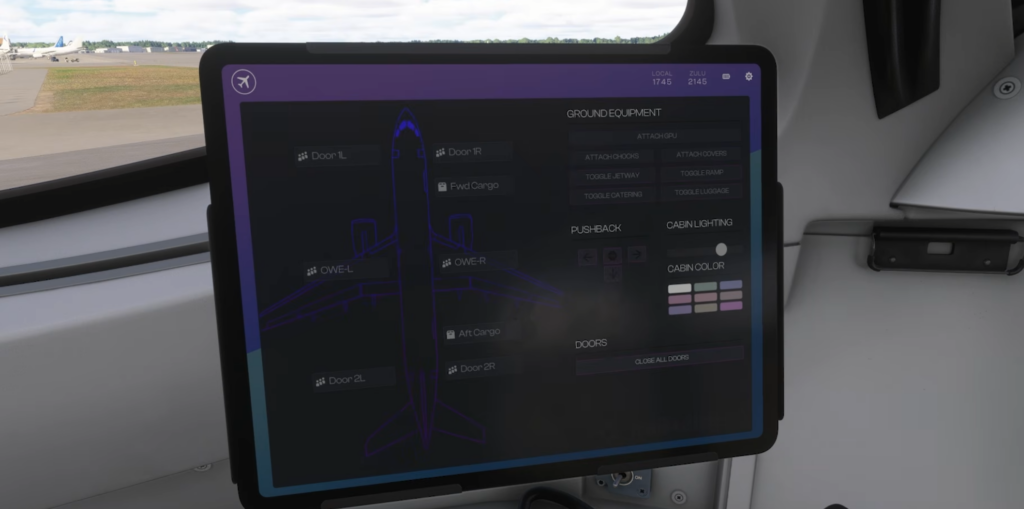 Ground equipment and cabin lighting controls on the Synaptic A220-300 EFB.