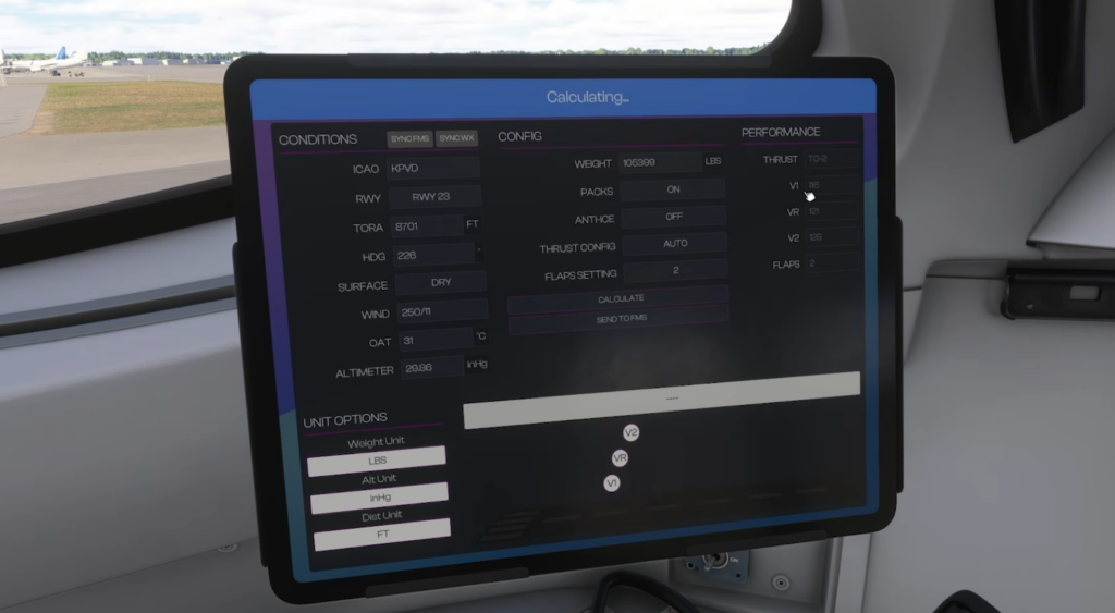 Takeoff performance calculator displayed on the Synaptic A220-300 EFB.