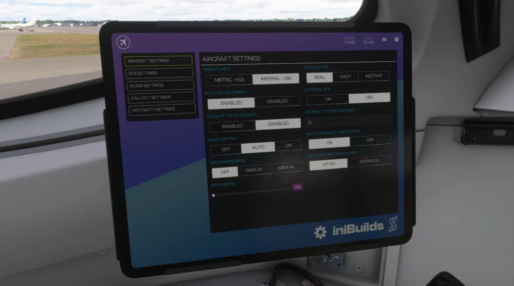 Aircraft settings page on the Synaptic A220-300 EFB in Microsoft Flight Simulator.