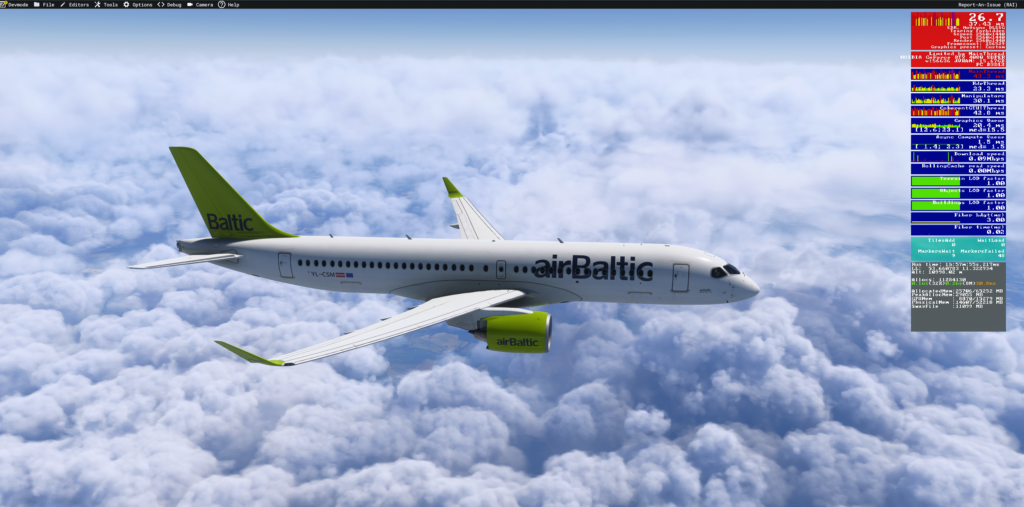 Synaptic A220 in airBaltic livery cruising above clouds with MSFS Developer Mode performance data