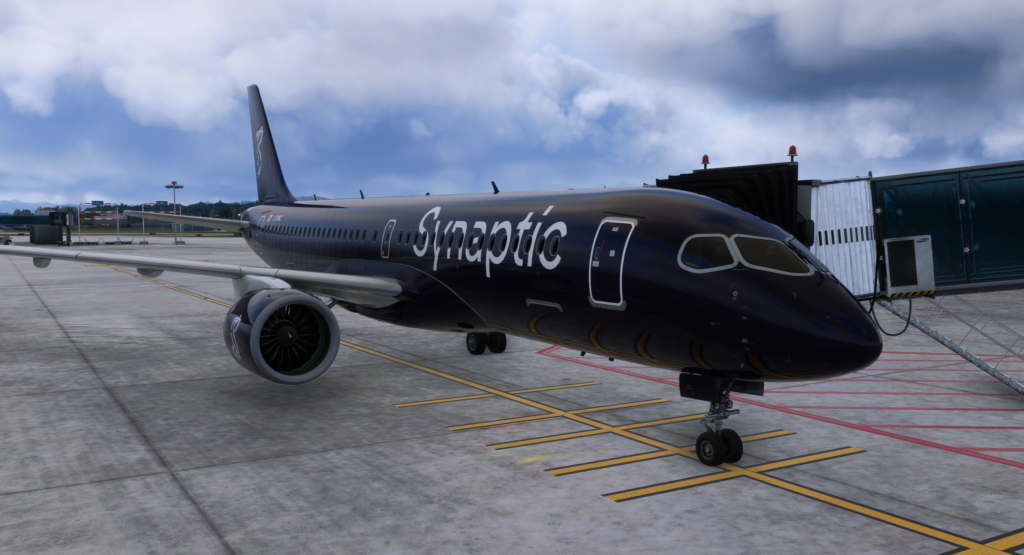 Synaptic A220 in house livery parked at MK Studios Zurich Airport in Microsoft Flight Simulator 2024
