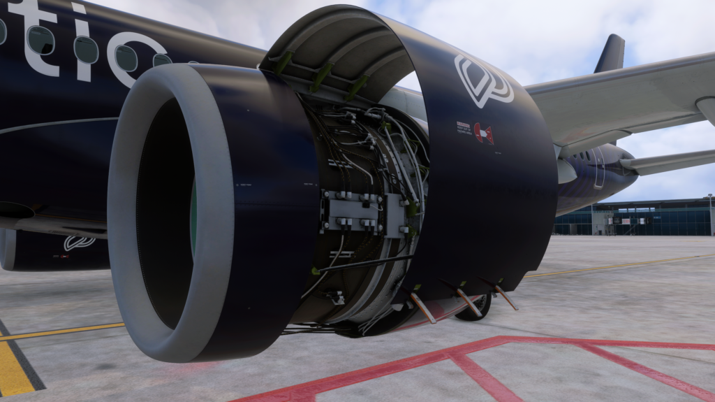 Detailed Synaptic A220 PW1500G engine with its cowling open at Zurich Airport
