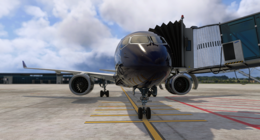 Front view of the Synaptic A220 at MK Studios Zurich Airport in Microsoft Flight Simulator 2024