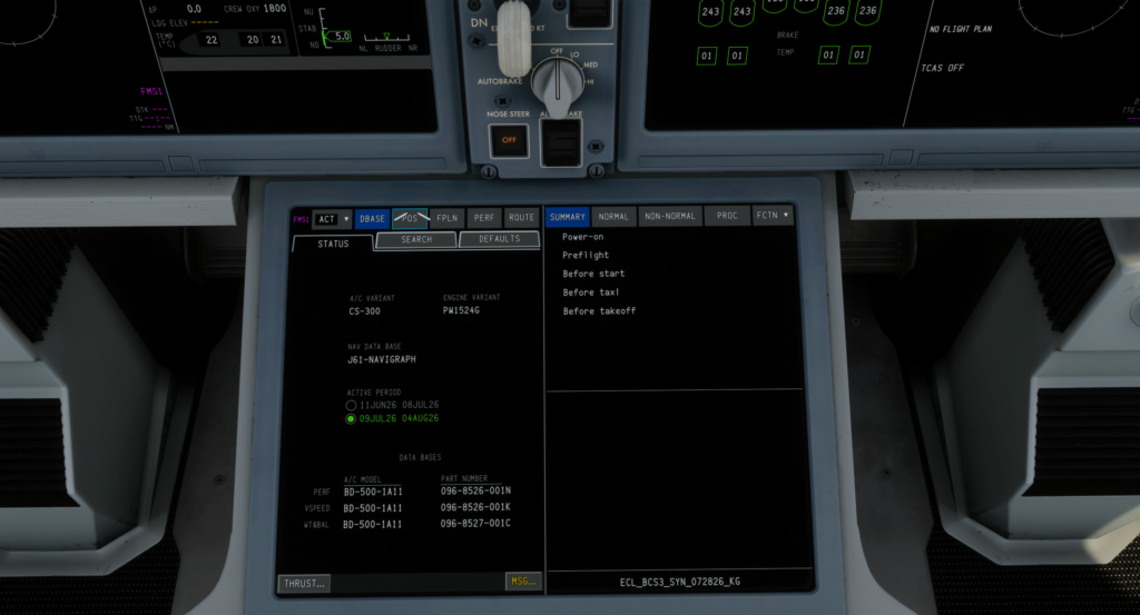 Synaptic A220 Flight Management System displaying aircraft and navigation database information