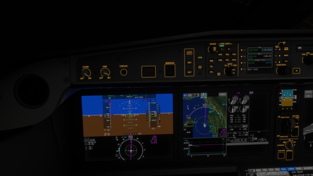 Synaptic A220 cockpit at night displaying terrain and flight information during cruise