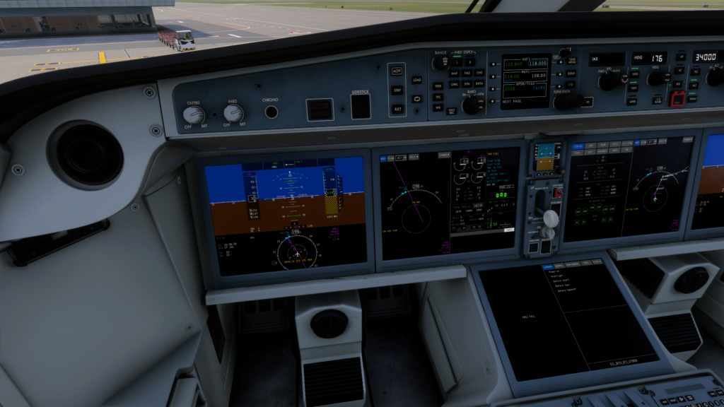 Synaptic A220 cockpit displaying FMS, ADS, DMC, engine and autothrottle warnings during pre-release testing
