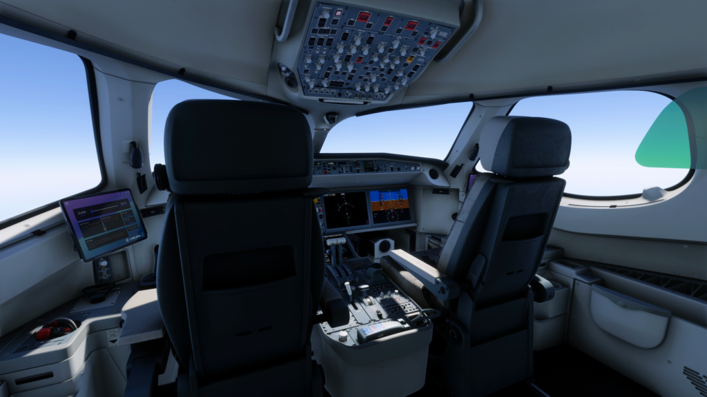 Synaptic A220 flight deck viewed during cruise between Riga and Tenerife South in Microsoft Flight Simulator 2024