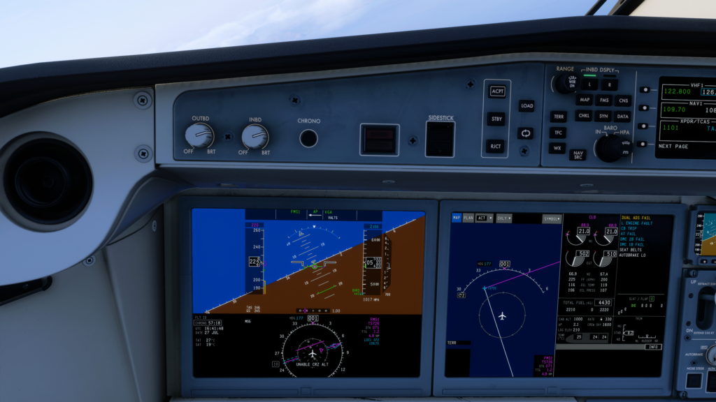 Synaptic A220 Navigation Display showing the aircraft departing the programmed route during a waypoint turn
