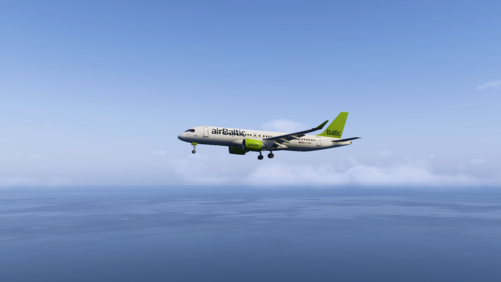 Synaptic A220 in airBaltic livery on final approach to Tenerife South Airport over the Atlantic