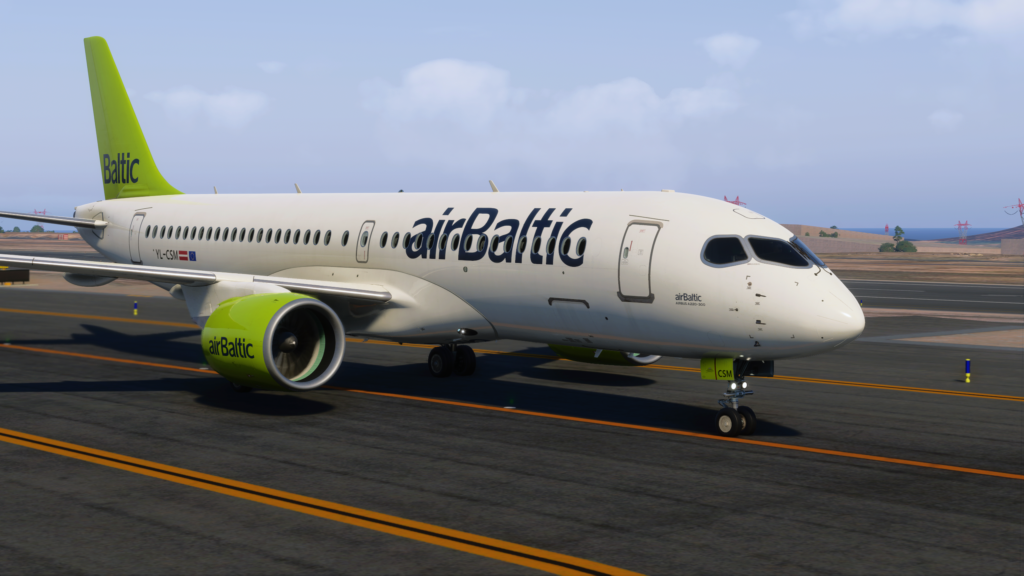Synaptic A220 in airBaltic livery taxiing at Tenerife South Airport after landing
