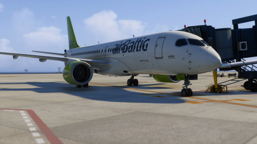 Synaptic A220 in airBaltic livery parked at Tenerife South Airport in Microsoft Flight Simulator 2024