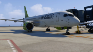 Synaptic A220 in airBaltic livery parked at Tenerife South Airport in Microsoft Flight Simulator 2024
