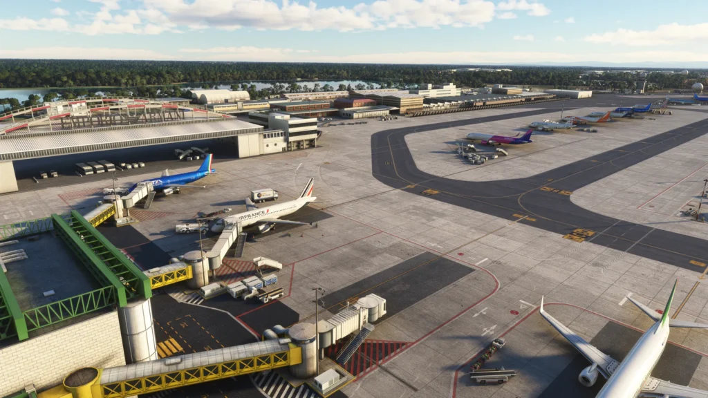 JetStream Designs Milan Linate Airport scenery in Microsoft Flight Simulator 2020 and 2024, showing the terminal apron, jet bridges and parked ITA Airways and Air France aircraft.