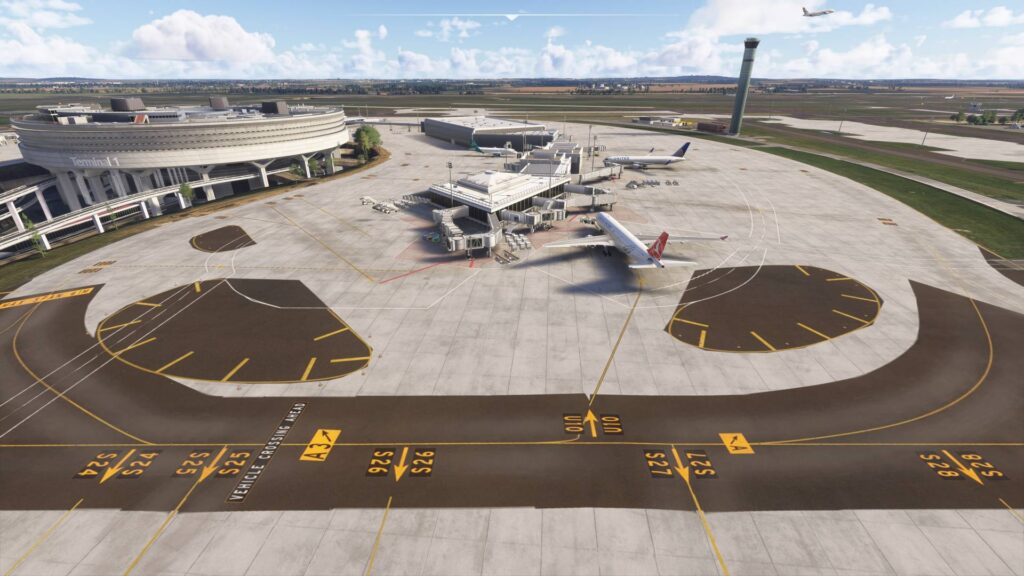 Paris Charles de Gaulle Airport default scenery in Microsoft Flight Simulator 2020 and 2024, showing Terminal 1, the apron, parked airliners, taxiways and control tower.