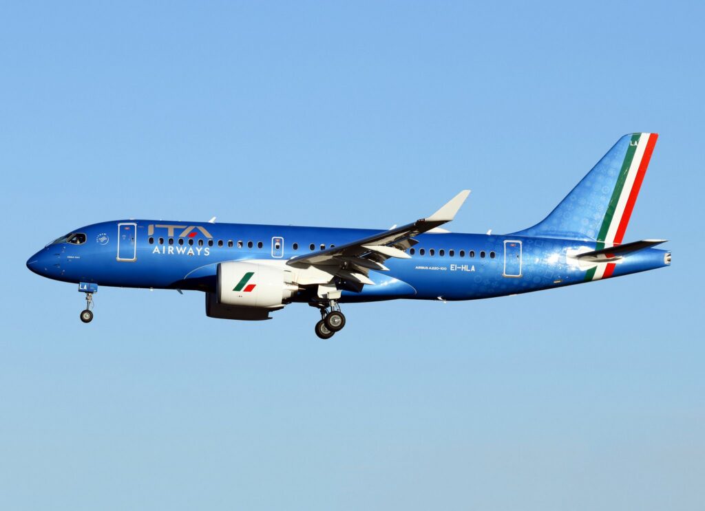 ITA Airways Airbus A220-100 approaching for landing in the airline&rsquo;s blue livery