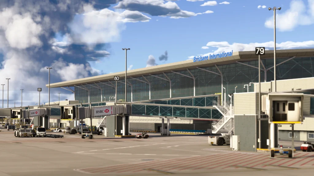 iniBuilds Brisbane International Airport scenery in Microsoft Flight Simulator 2024, showing the international terminal, gates 79 to 81, jet bridges and ground equipment.