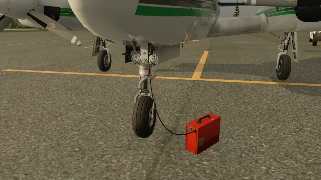 Ground power unit connected to the aircraft’s nose gear during preflight