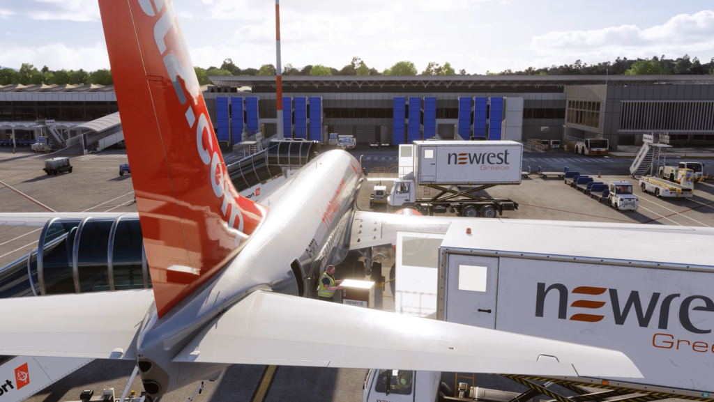 GSX Pro ground vehicles servicing an airliner in Microsoft Flight Simulator