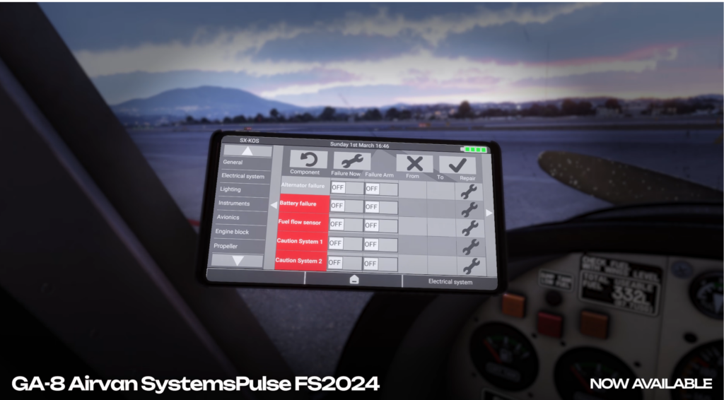 SimWorks Studios  GA-8 Airvan SystemsPulse tablet showing advanced aircraft systems simulation in Microsoft Flight Simulator 2024