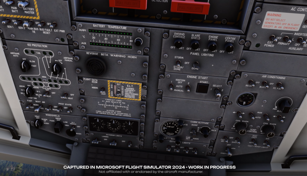 Detailed overhead panel of the SimWorks Studios Classic 8 Series Dash 8-200 for Microsoft Flight Simulator 2024