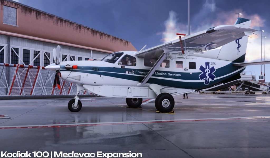 SimWorks Studios Kodiak 100 Medevac Expansion parked on the apron in Microsoft Flight Simulator 2024