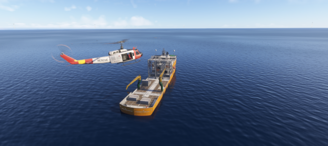 EmergencyDispatcherPro screenshot showing a vessel during a search-and-rescue mission in Microsoft Flight Simulator 2024.