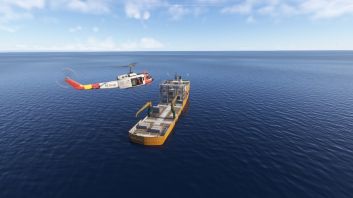 EmergencyDispatcherPro screenshot showing a vessel during a search-and-rescue mission in Microsoft Flight Simulator 2024.