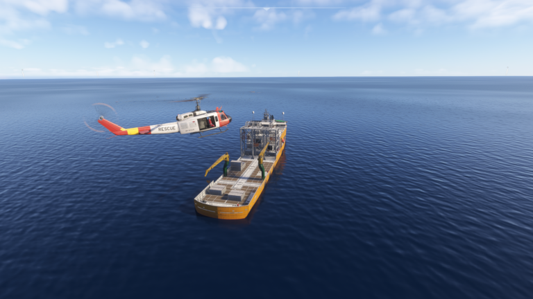 EmergencyDispatcherPro screenshot showing a vessel during a search-and-rescue mission in Microsoft Flight Simulator 2024.