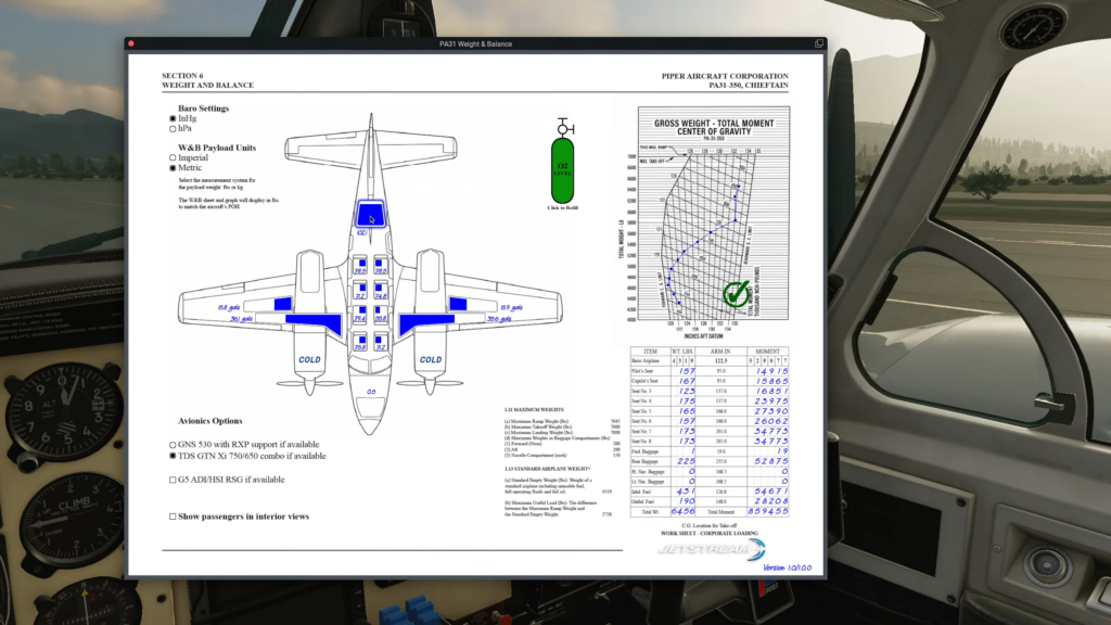 CIS Piper Chieftain weight and balance worksheet with loading chart and payload settings