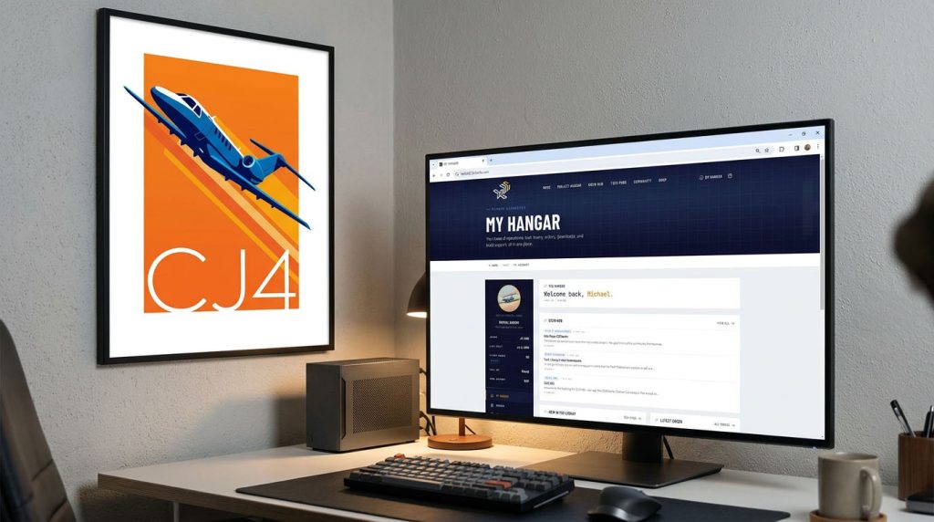 525Charlie My Hangar dashboard displayed on a desktop monitor beside framed Citation CJ4 artwork.