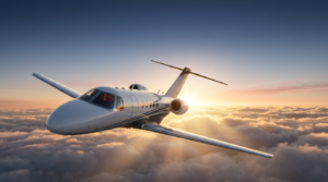 Citation CJ4 flying above a cloud layer at sunset, illustrating the 525Charlie full-scale home cockpit project.