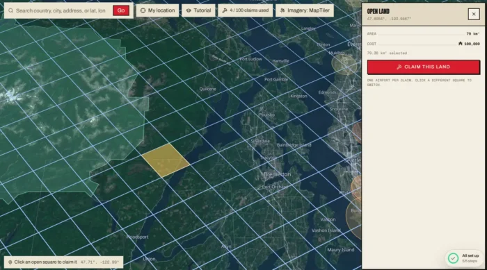 Project Airports claim map showing available airport locations for Microsoft Flight Simulator creators