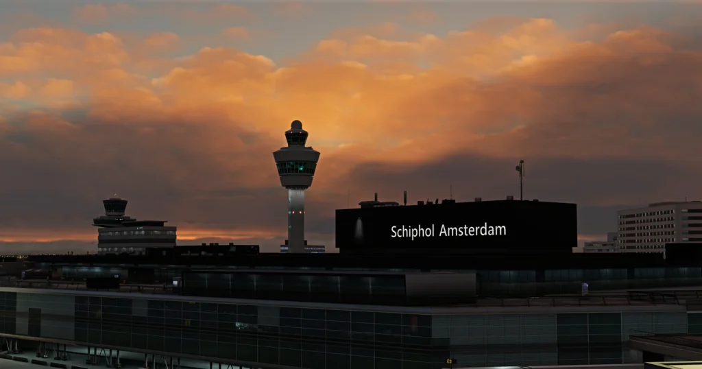 FlyTampa Amsterdam Schiphol Airport scenery in Microsoft Flight Simulator 2020 and 2024, showing the terminal buildings and control tower against a dramatic sunset sky.